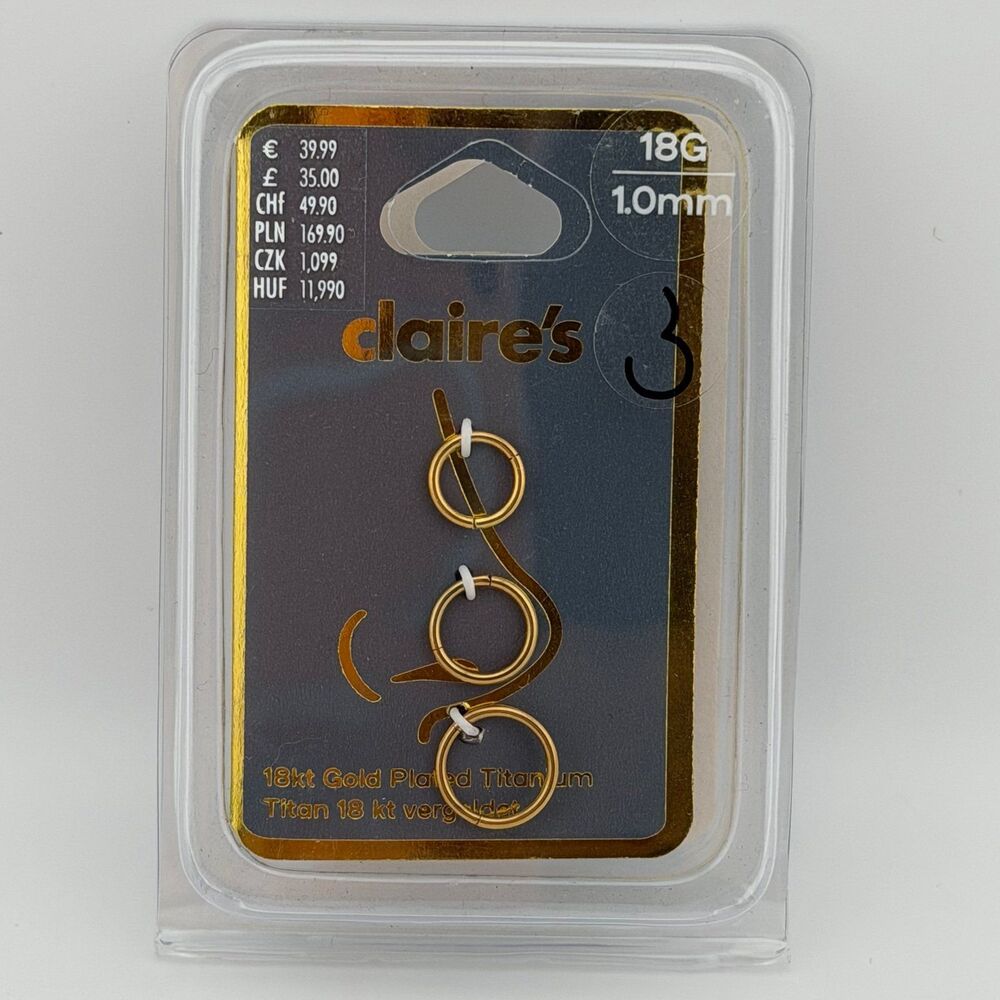 Claire's 18kt Gold Plated Titanium 3 Piece Nose Rings 18g NEW